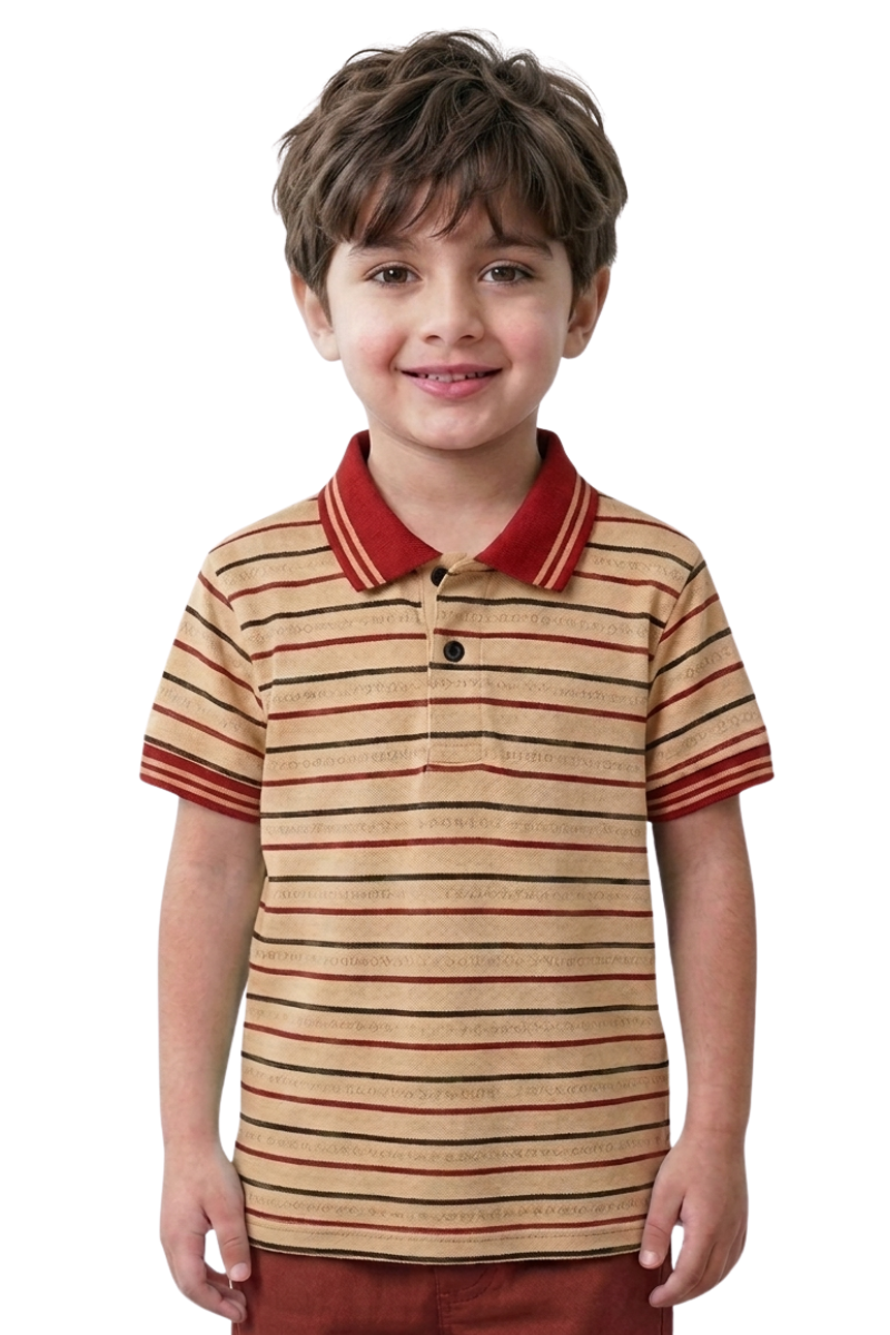 Boys' Striped Cotton Polo – Classic Crimson & Beige