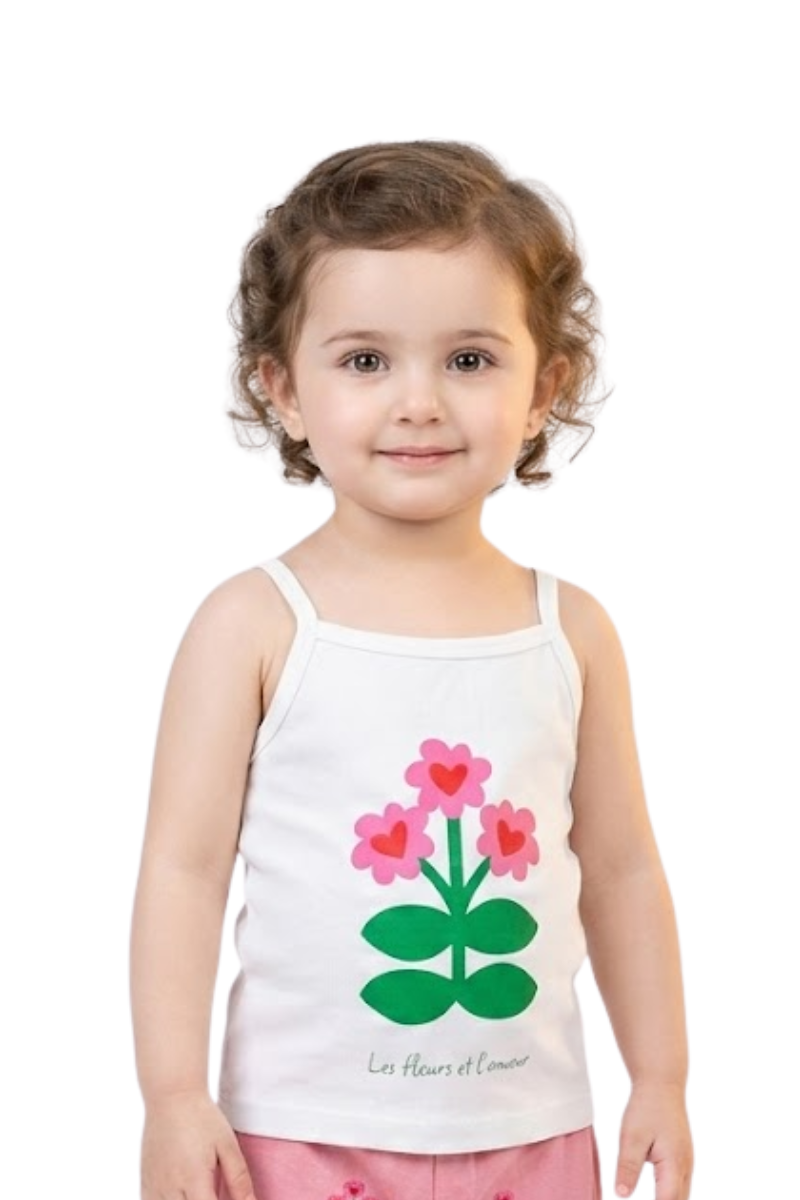 Girls White Jersey Cotton Camisole Top – Floral Heart Print