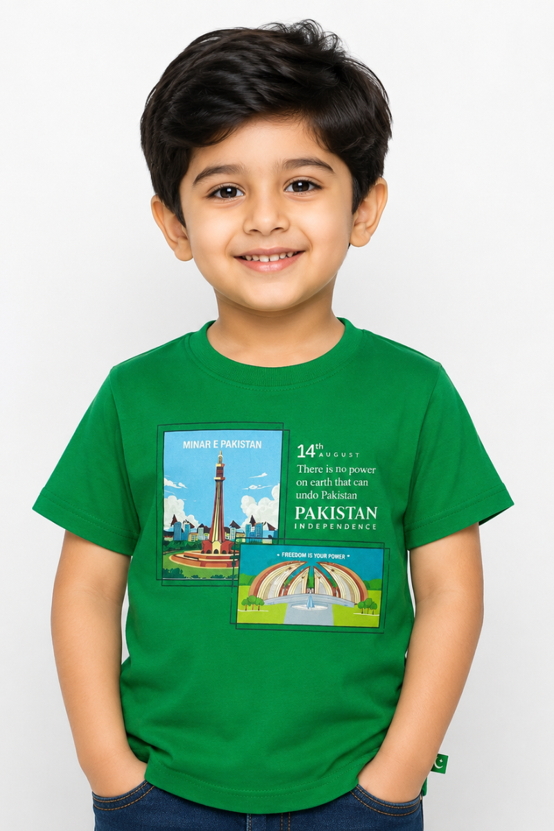 Kids Pakistan Independence Day T-Shirt | Minar-e-Pakistan Postcard Print Cotton Jersey
