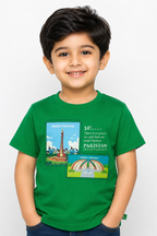 Kids Pakistan Independence Day T-Shirt | Minar-e-Pakistan Postcard Print Cotton Jersey