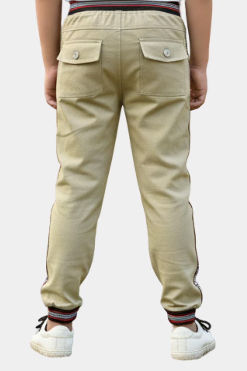 Khaki Kids' Joggers with Sporty Stripes & Patches
