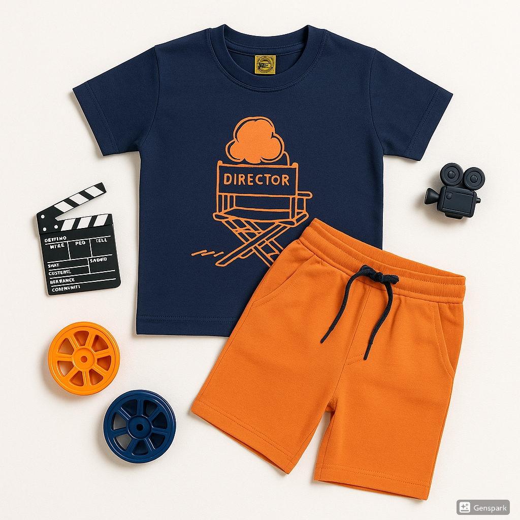 Boys’ “Director” Navy T-Shirt & Rust Orange Shorts Set | Trendy Summer Outfit