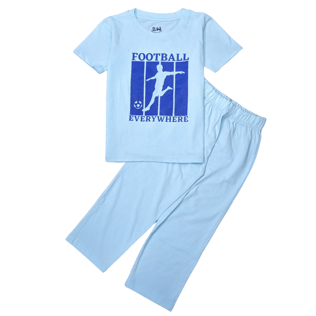 BOYS LYCRA JERSEY 2 PIECE SUITE FOOTBALL PRINTED - SKY BLUE
