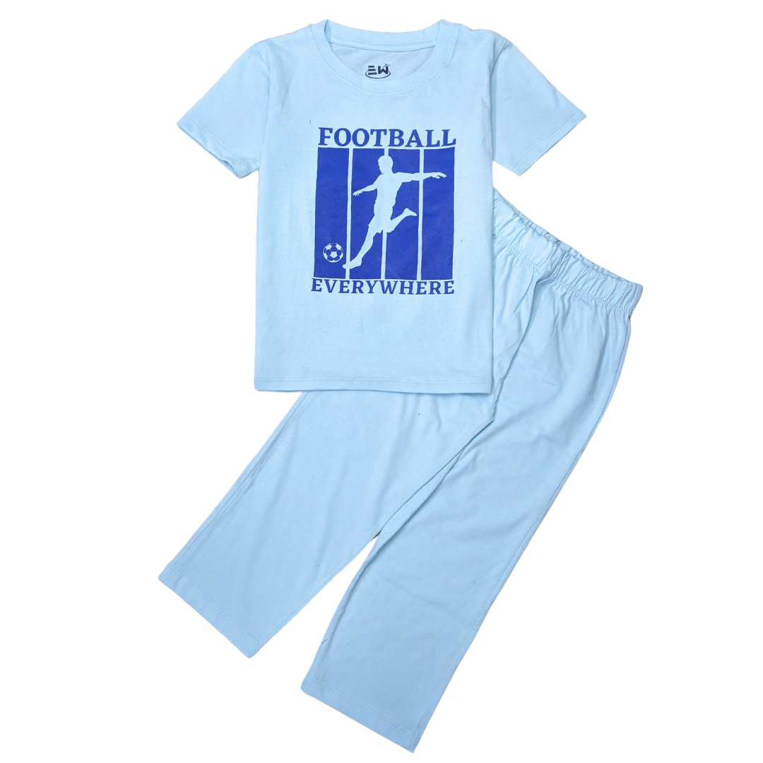 BOYS LYCRA JERSEY 2 PIECE SUITE FOOTBALL PRINTED - SKY BLUE