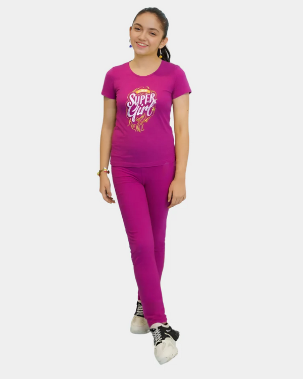 GIRLS FULL SLEEVE LYCRA JERSEY  2 PIECE PRINTED SUIT - PINK
