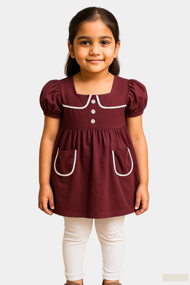 Elegant Girls' Maroon Frock with White Leggings – Stylish & Comfortable Outfit