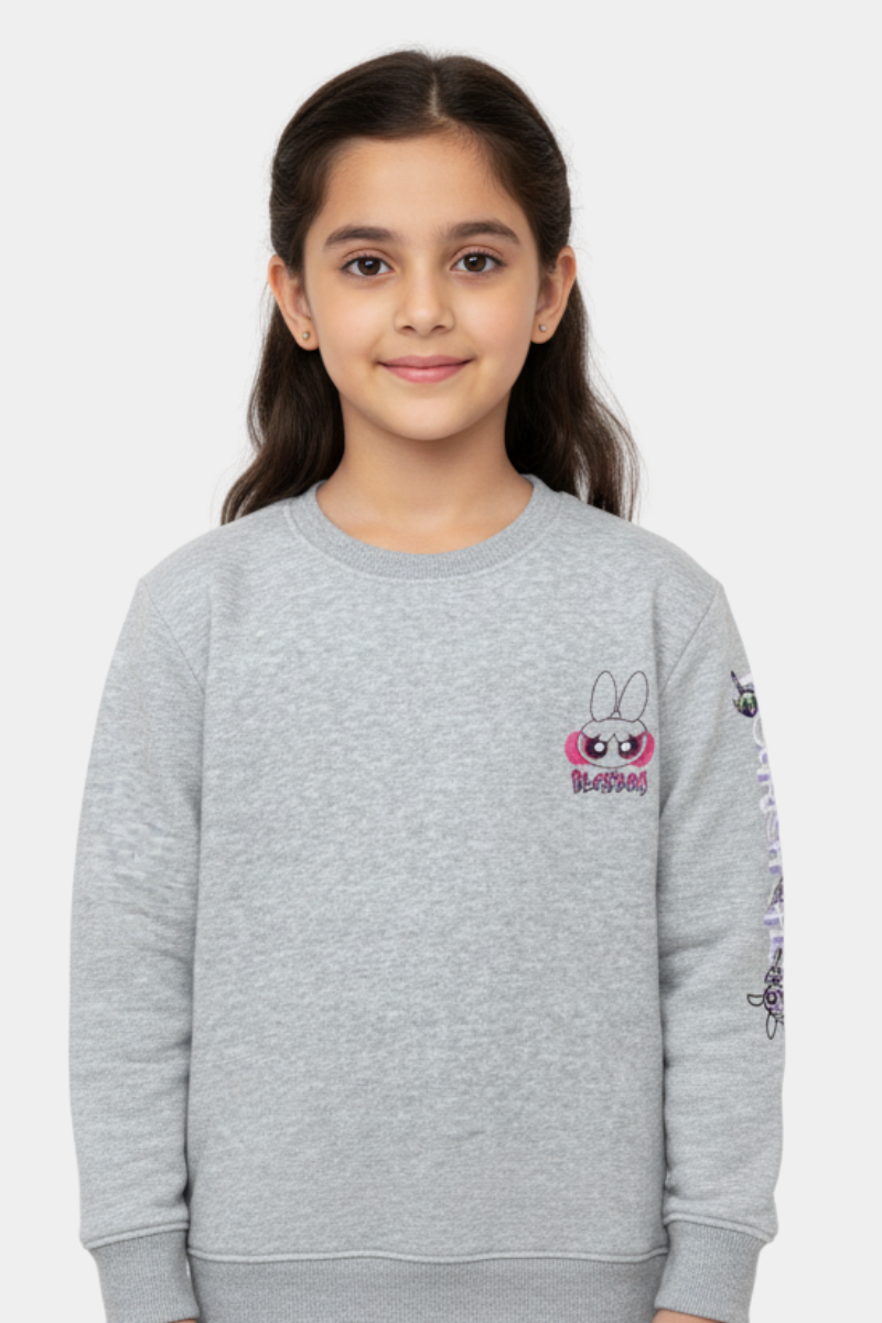 GIRLS PRINTED POWERPUFF FLEECE SWEATSHIRT - H.GRAY