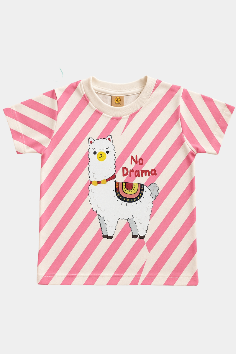 No Drama” Llama T-Shirt – Pink & White Striped | Casual Cotton Tee