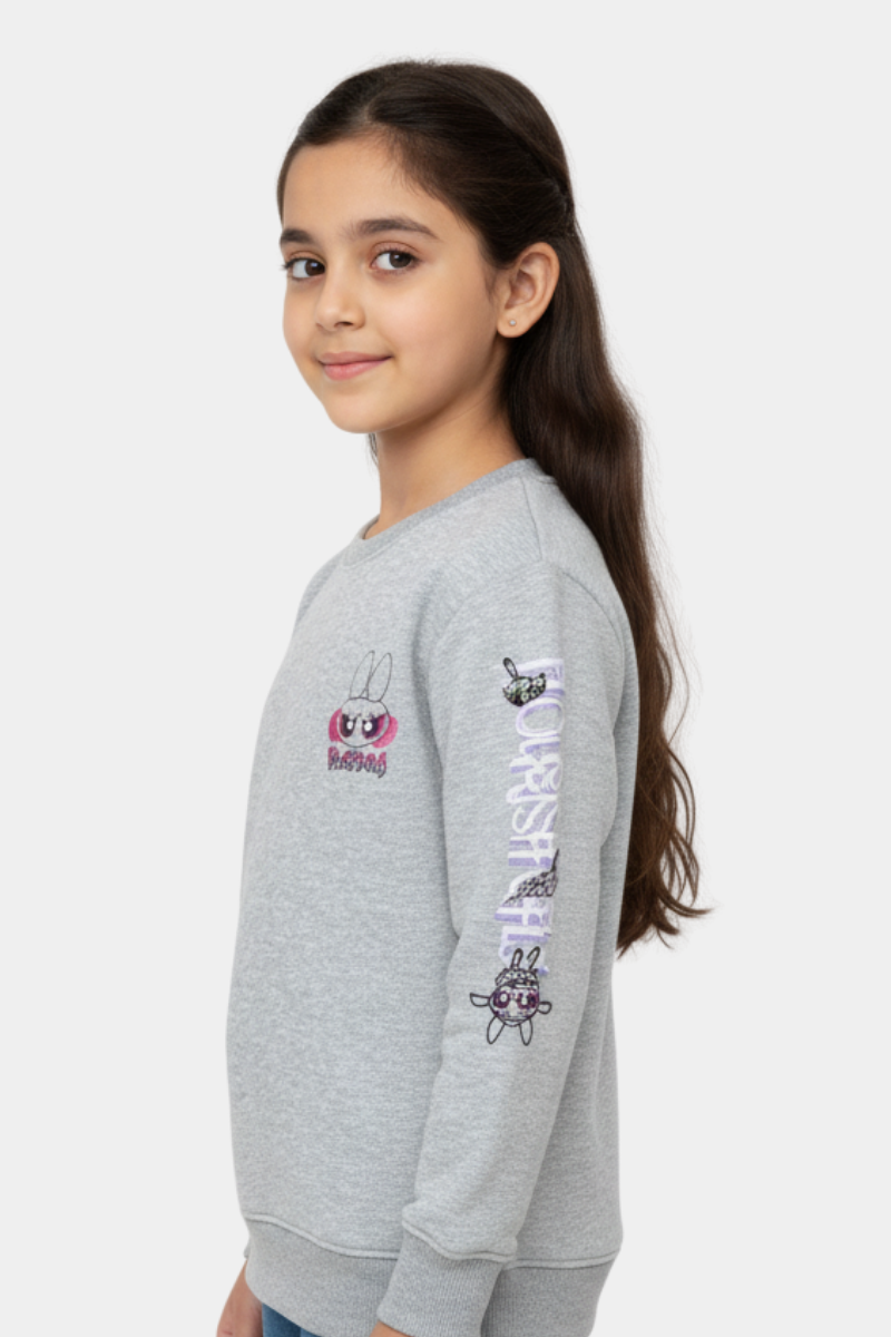 GIRLS PRINTED POWERPUFF FLEECE SWEATSHIRT - H.GRAY