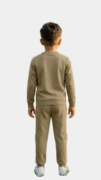 Boys' 2-Piece Cotton Fleece Tracksuit - Khaaki with Side Stripes