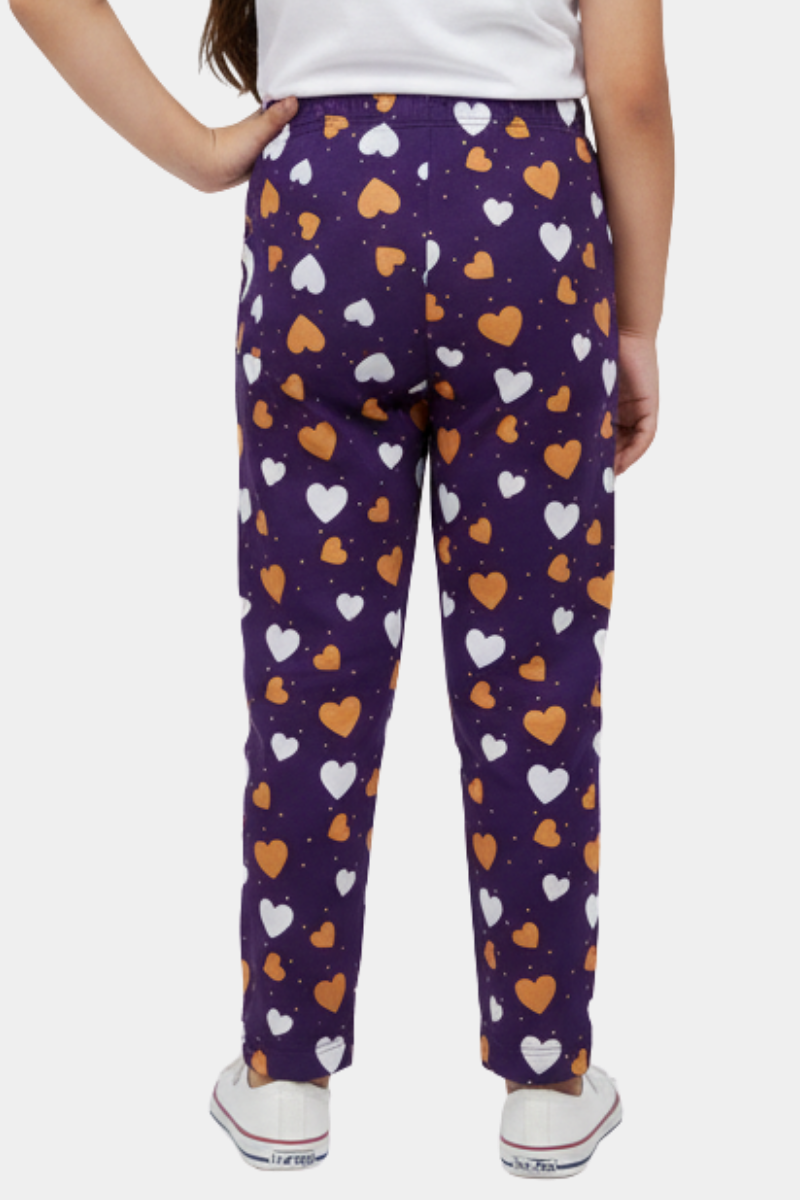 GIRLS ALL OVER PRINTED HEART PAJAMA - PURPLE