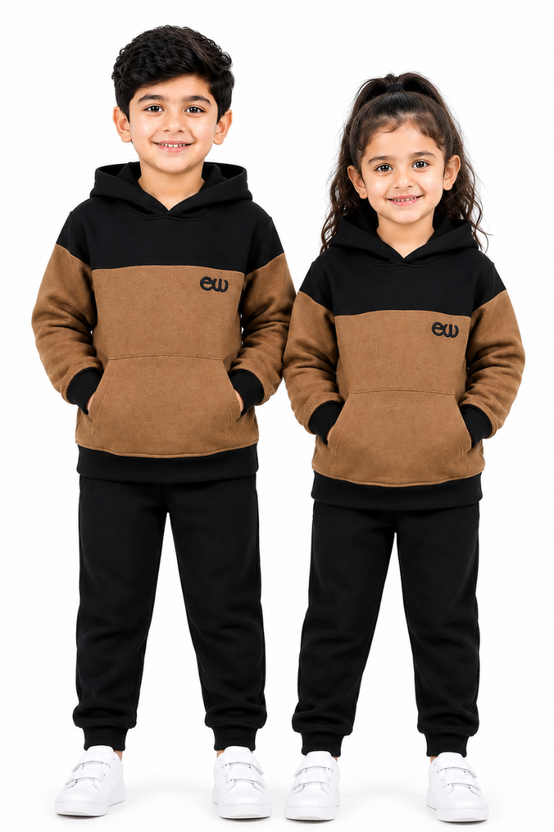 Kids Brown & Black Fleece Hoodie | Stylish & Comfortable Winter Wear
