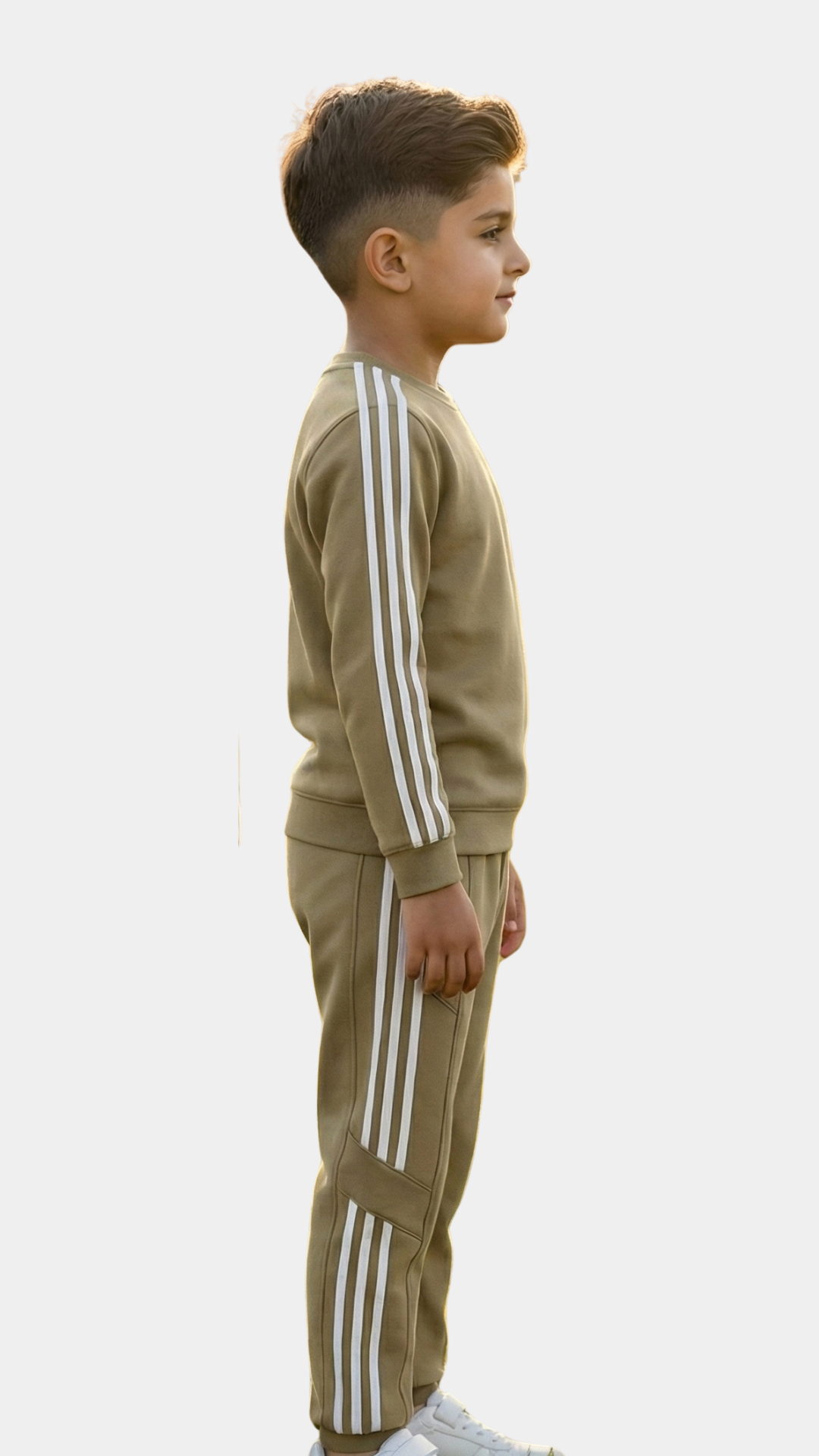 Boys' 2-Piece Cotton Fleece Tracksuit - Khaaki with Side Stripes