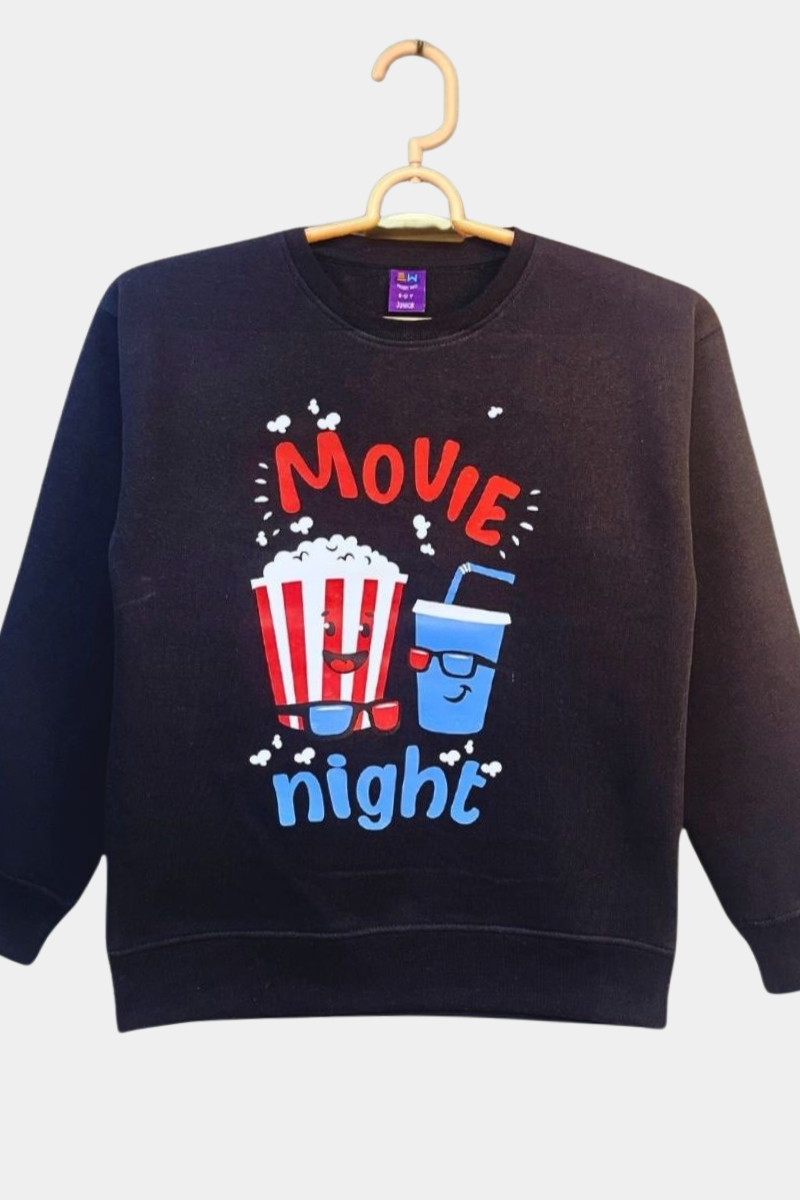 BOYS & GIRLS PRINTED MOVIE NIGHT FLEECE SWEATSHIRT - BLACK