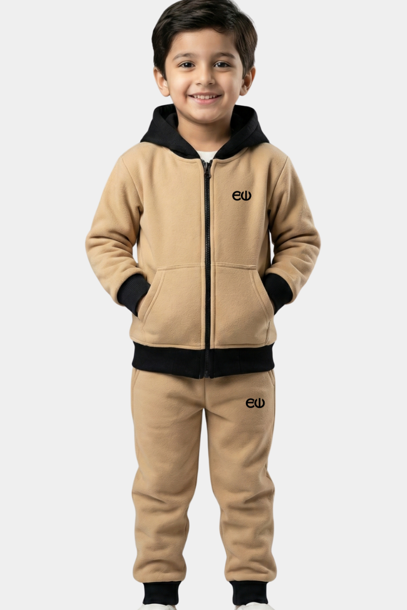 Boys' Cozy Fleece Tracksuit Set - Tan & Black Color-Block Hoodie