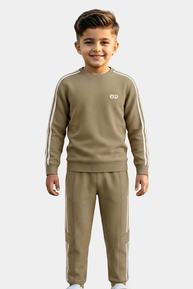 Boys' 2-Piece Cotton Fleece Tracksuit - Khaaki with Side Stripes