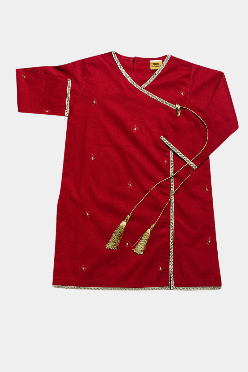 Elegant Red Embroidered Kurta & Pyjama Set for Girls – Festive Ethnic Wear