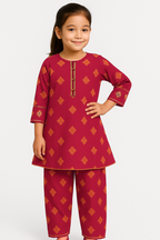 Girls’ Pink Ethnic Kurti Shirt with Matching Trousers – Traditional Printed Ensemble