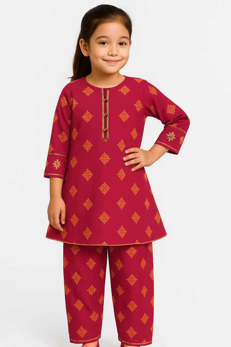 Girls’ Pink Ethnic Kurti Shirt with Matching Trousers – Traditional Printed Ensemble