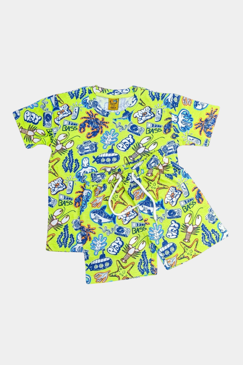 Sea items all over printed greenish suit for kids