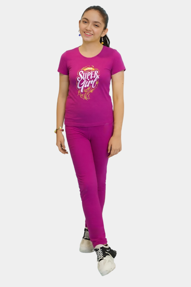 GIRLS FULL SLEEVE LYCRA JERSEY  2 PIECE PRINTED SUIT - PINK