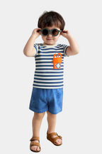 Nautical Striped Kids' T-Shirt with Fun Cartoon Pocket – Blue & White