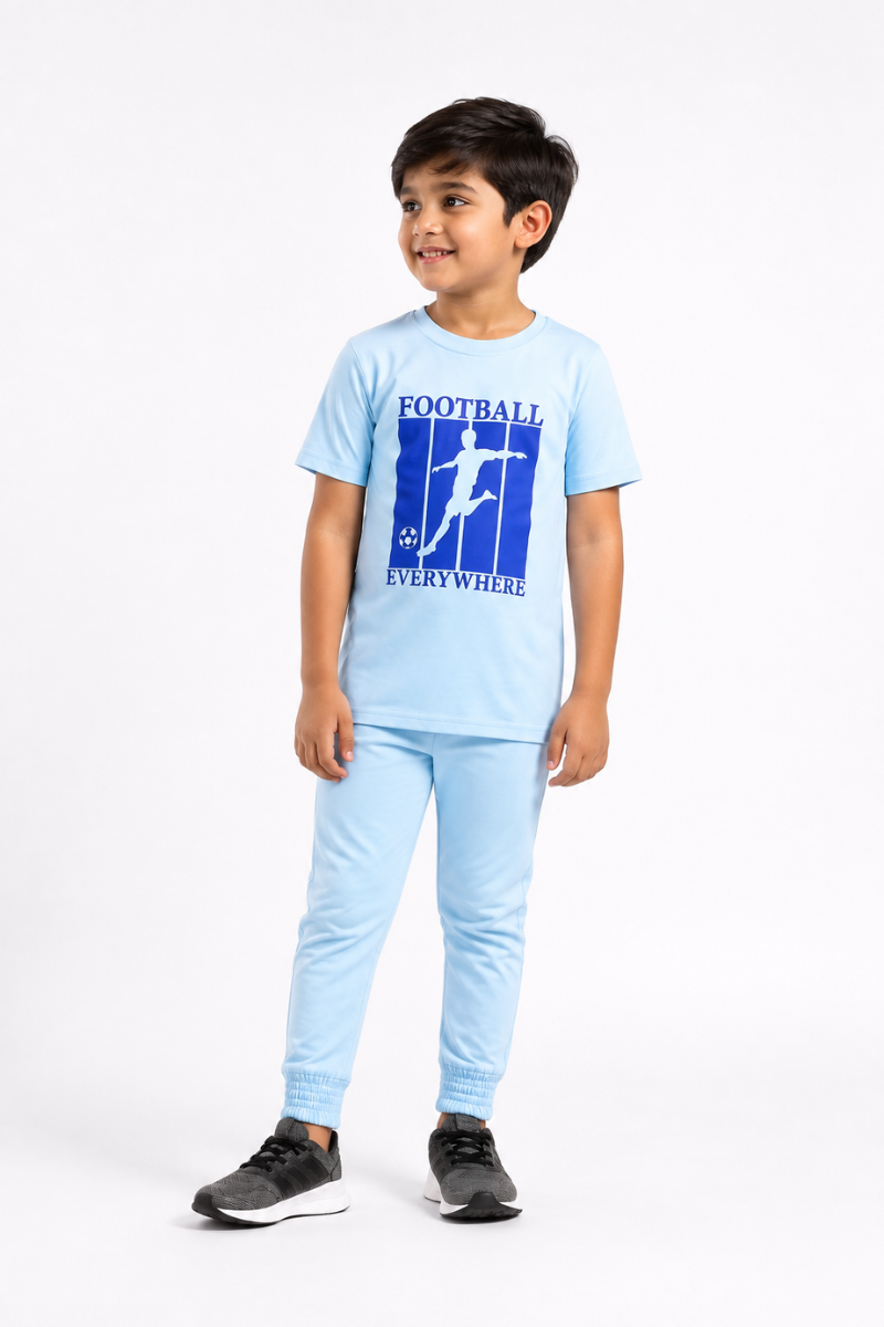 BOYS LYCRA JERSEY 2 PIECE SUITE FOOTBALL PRINTED - SKY BLUE