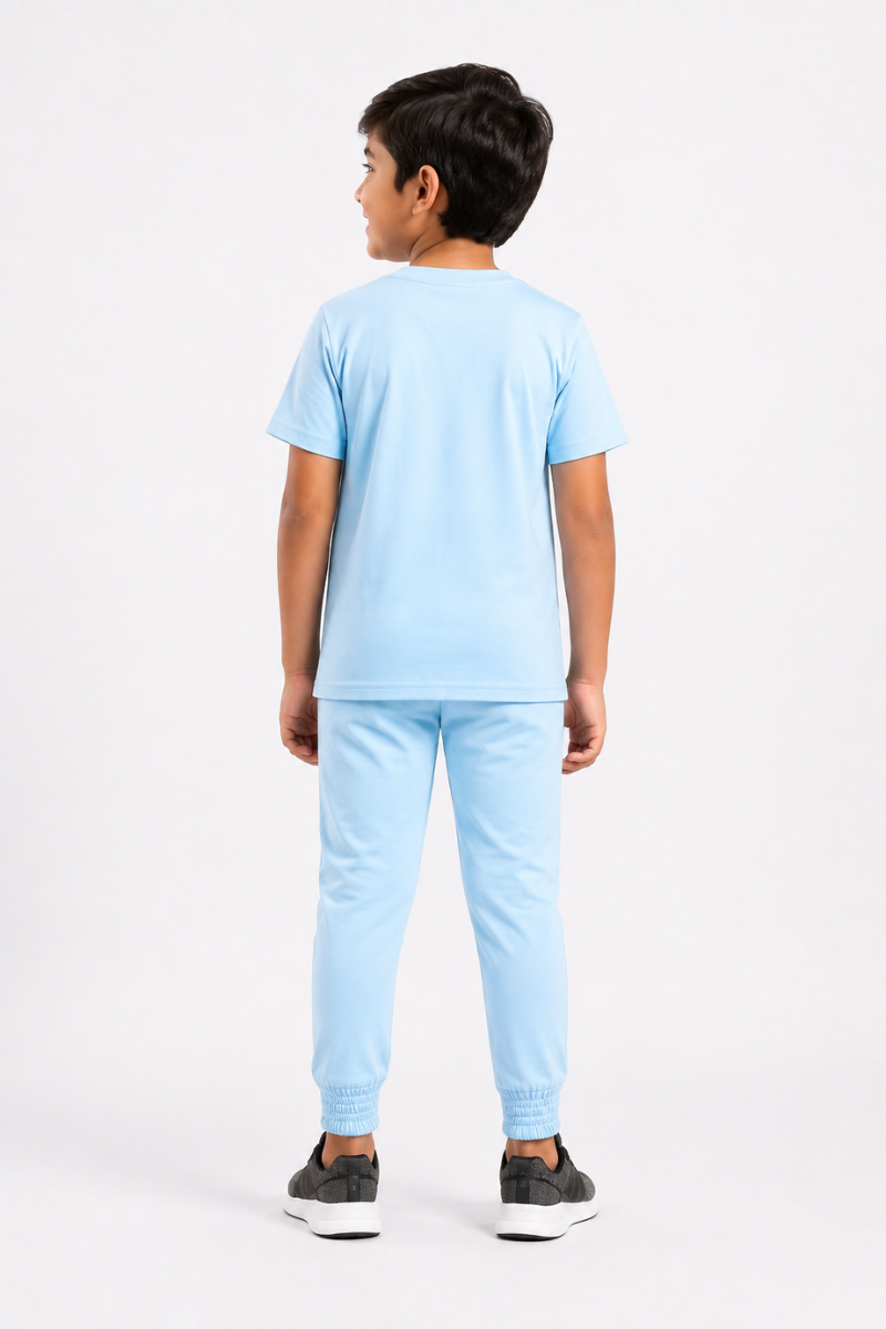 BOYS LYCRA JERSEY 2 PIECE SUITE FOOTBALL PRINTED - SKY BLUE