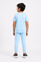 BOYS LYCRA JERSEY 2 PIECE SUITE FOOTBALL PRINTED - SKY BLUE