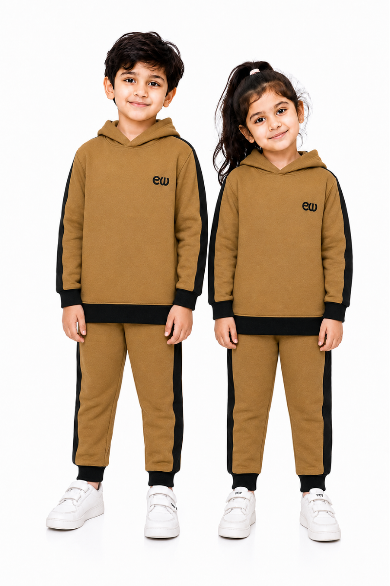 Kids Brown & Black Fleece Tracksuit Set | Stylish & Comfortable Winter Wear