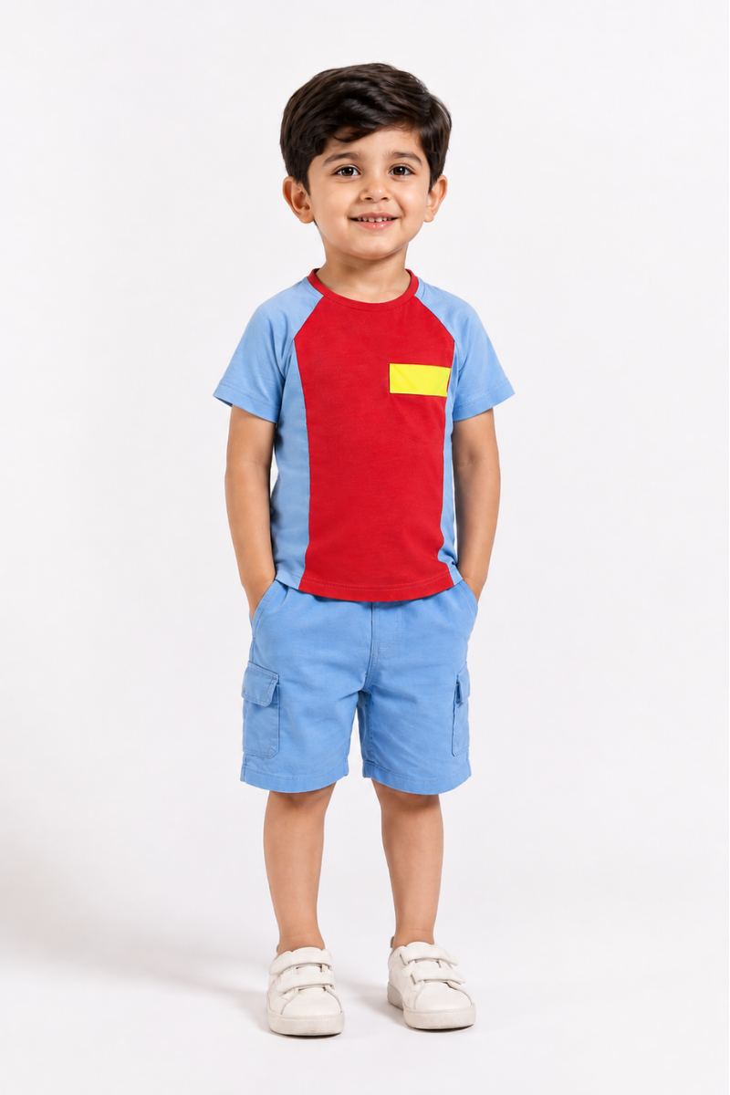 Toddler Boy's Color Block Short Sleeve Top And Shorts 2pc Set With Cargo Style