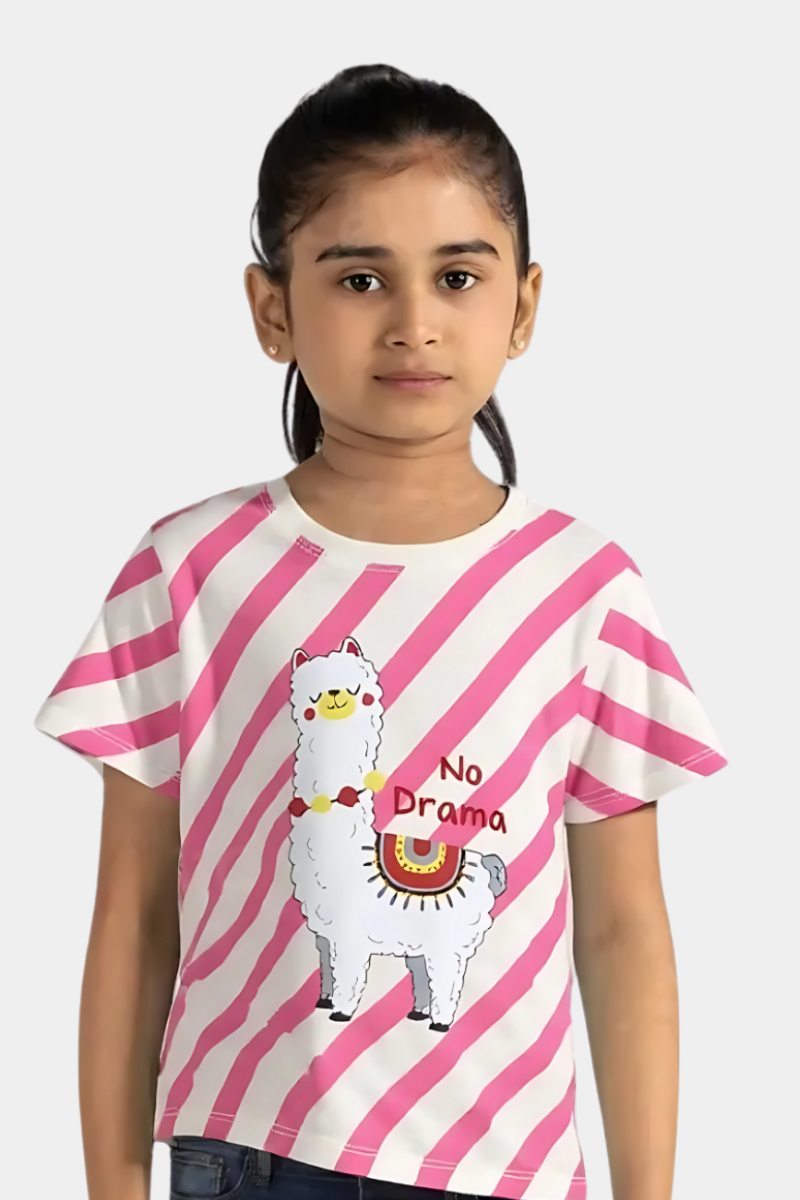 No Drama” Llama T-Shirt – Pink & White Striped | Casual Cotton Tee