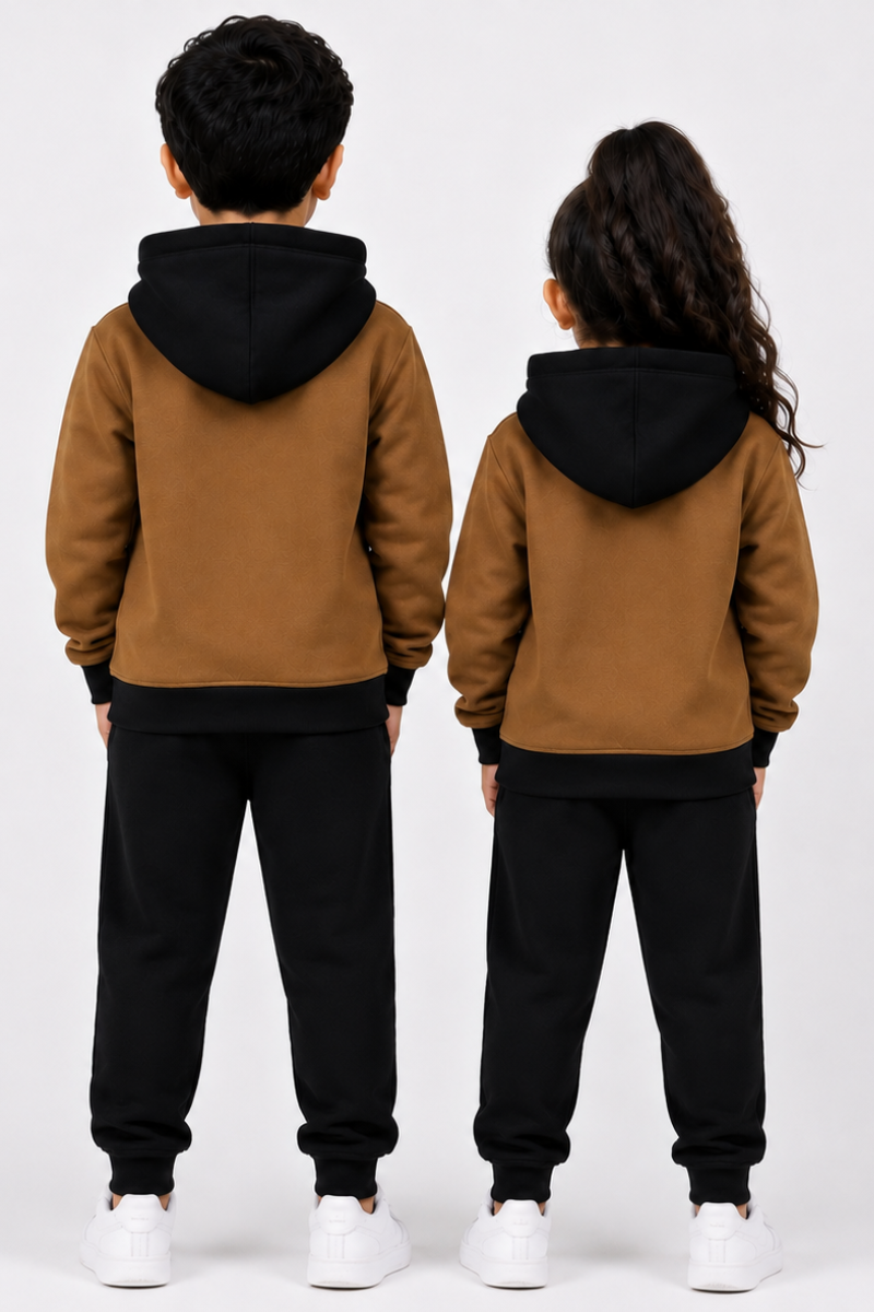 Kids Brown & Black Fleece Hoodie | Stylish & Comfortable Winter Wear
