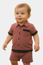 Boys' Striped Collared Shirt & Shorts Set – Maroon & Black | Summer Outfit