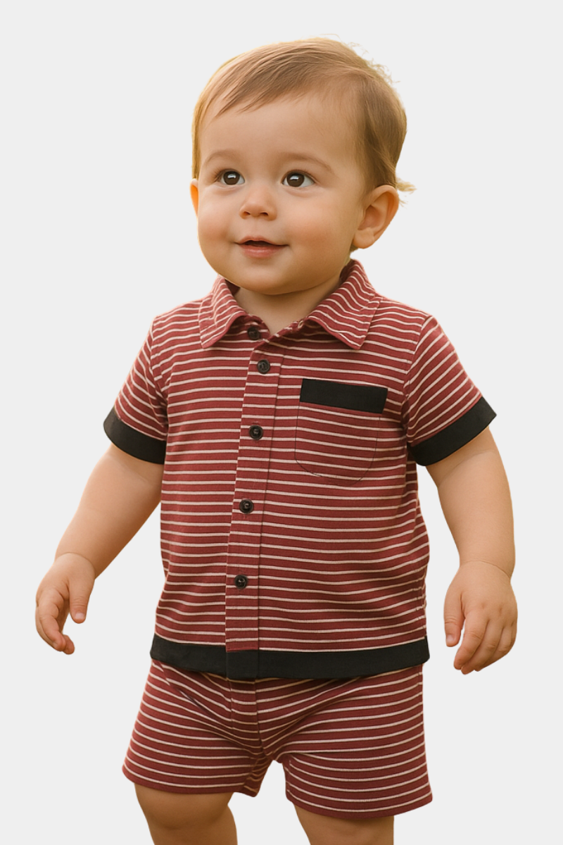 Boys' Striped Collared Shirt & Shorts Set – Maroon & Black | Summer Outfit