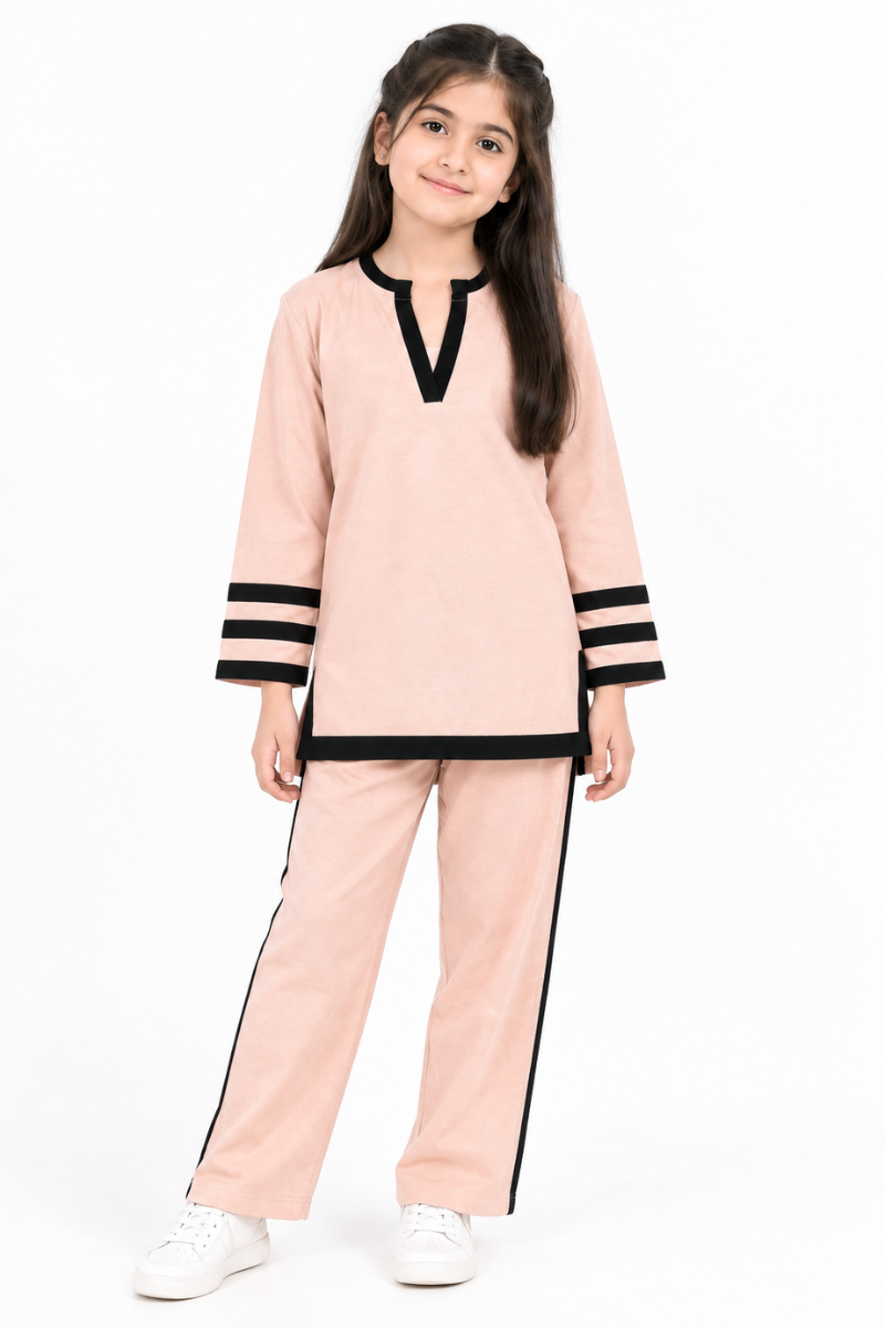 Peach & Black Terry 2-Piece Suit – Girls Winter Casual Wear