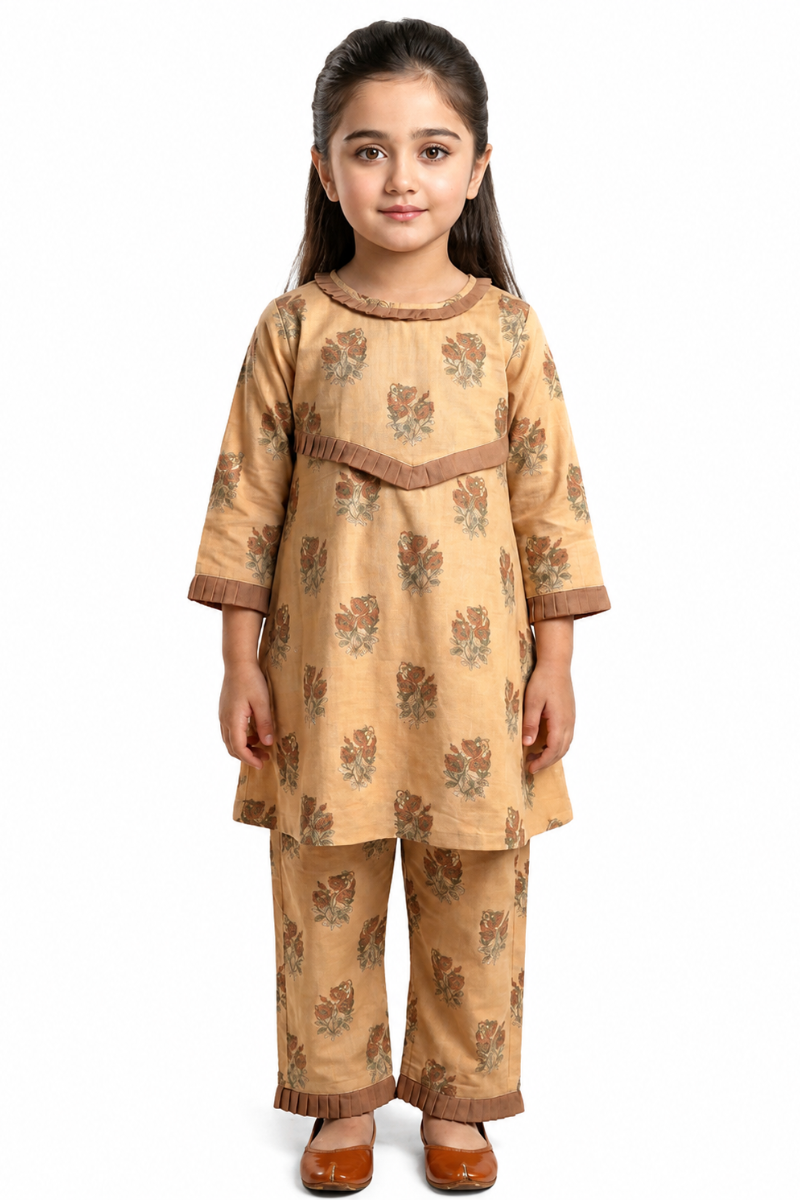 Vintage Bloom 2-Piece Cotton Suit â€“ Beige & Rust Floral