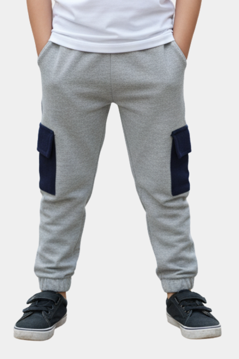 Kids' Grey Fleece Cargo Joggers with Navy Pockets