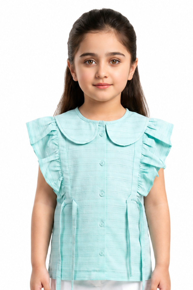 Girls Mint Green China Fabric Frill Sleeve Top