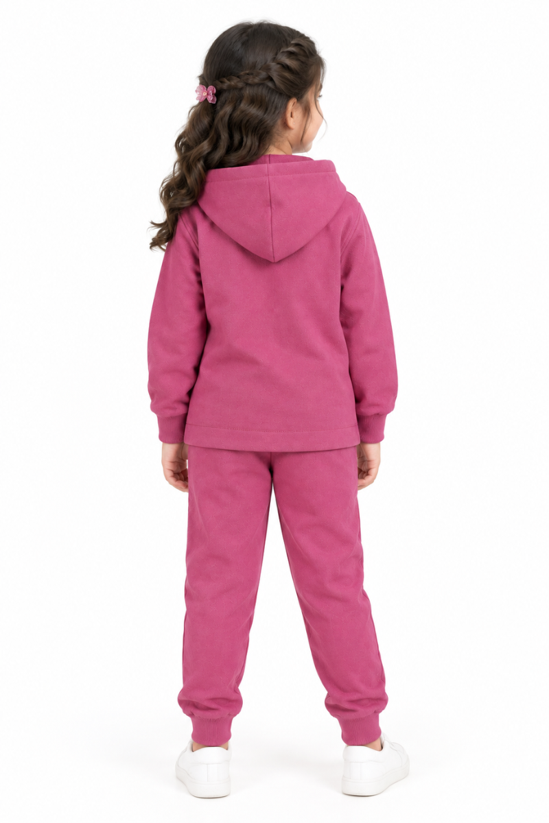 Girls Pink Fleece Hooded Tracksuit | Warm & Stylish Winter 2-Piece Set