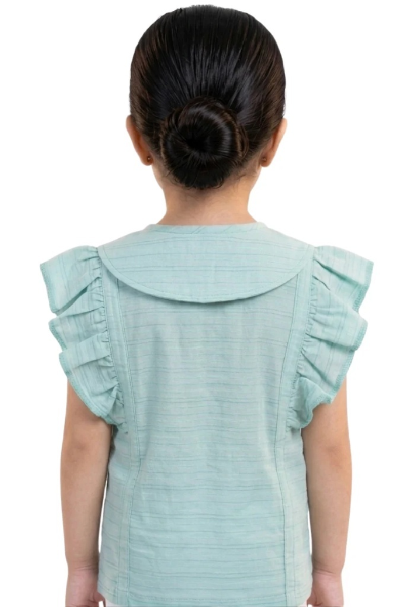 Girls Mint Green China Fabric Frill Sleeve Top