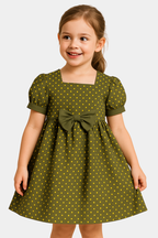 Girls’ Olive Green Polka Dot Shirt with Bow - Single Shirt
