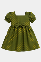 Girls’ Olive Green Polka Dot Shirt with Bow - Single Shirt