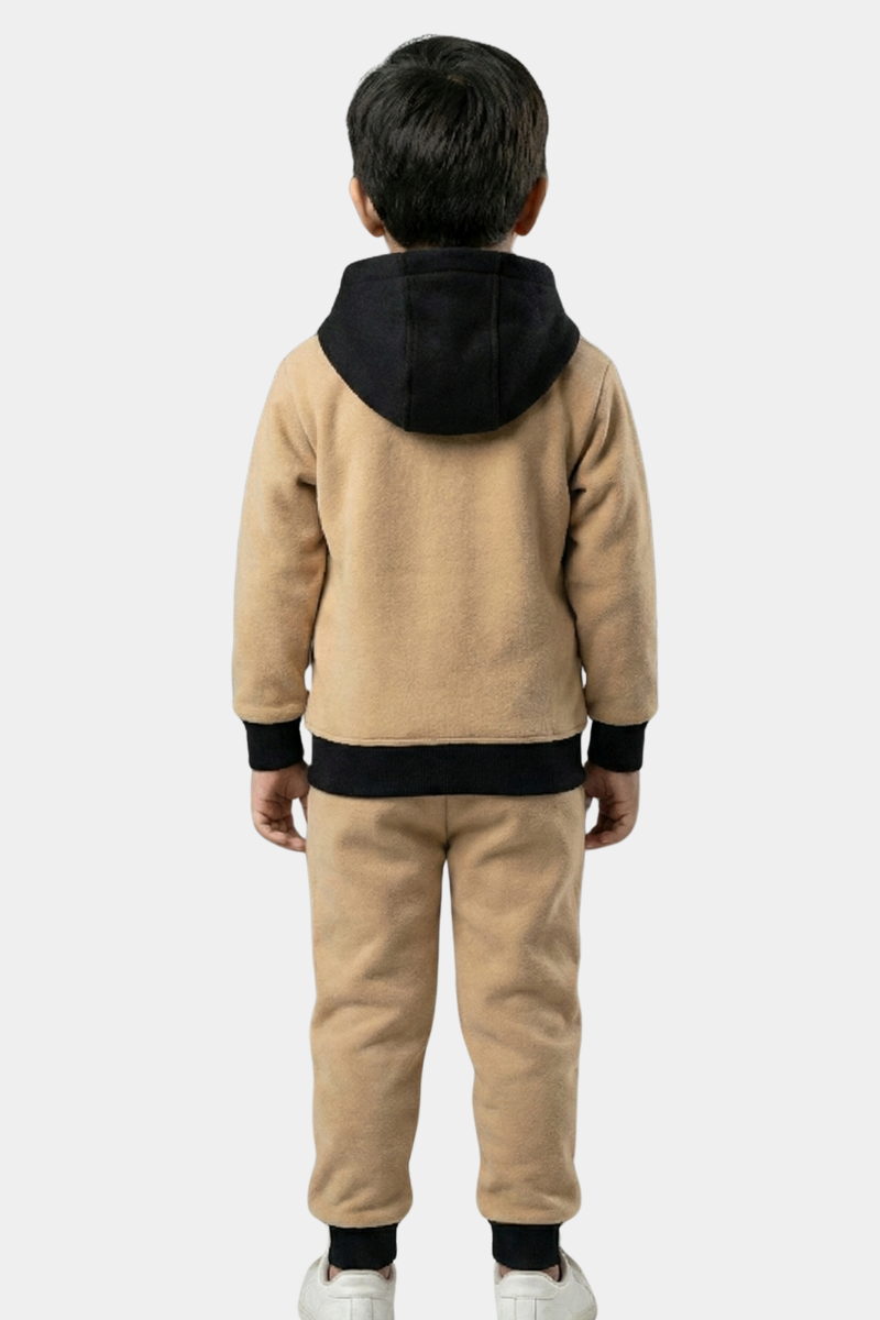 Boys' Cozy Fleece Tracksuit Set - Tan & Black Color-Block Hoodie