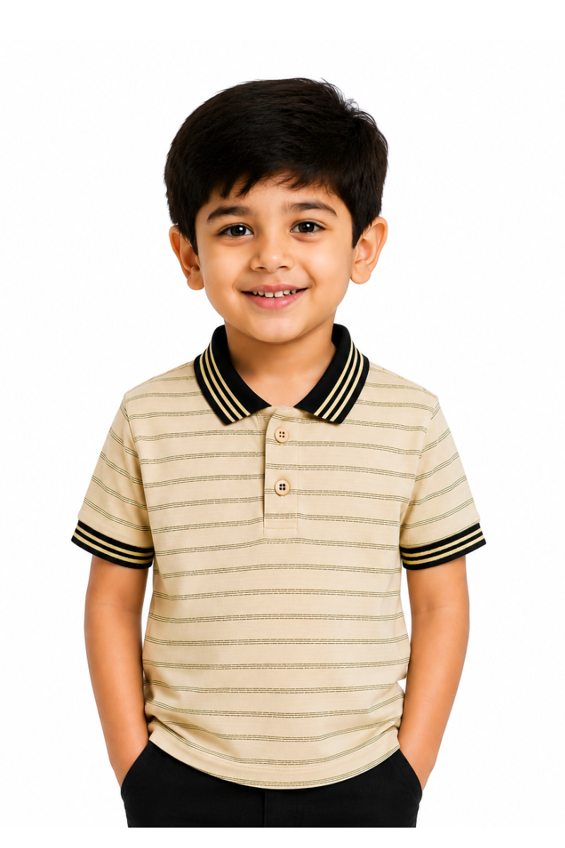 Boys Beige Striped Polo Shirt – Soft Cotton Casual Summer