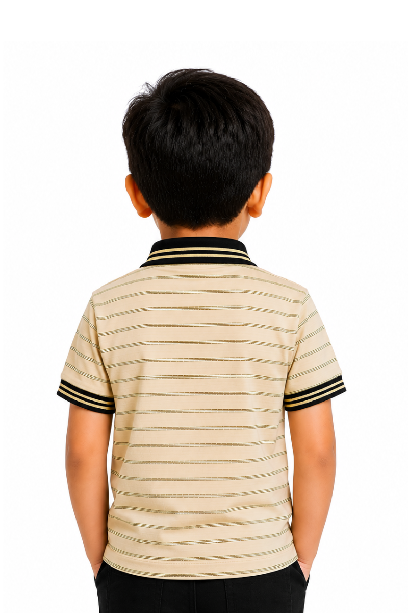 Boys Beige Striped Polo Shirt – Soft Cotton Casual Summer