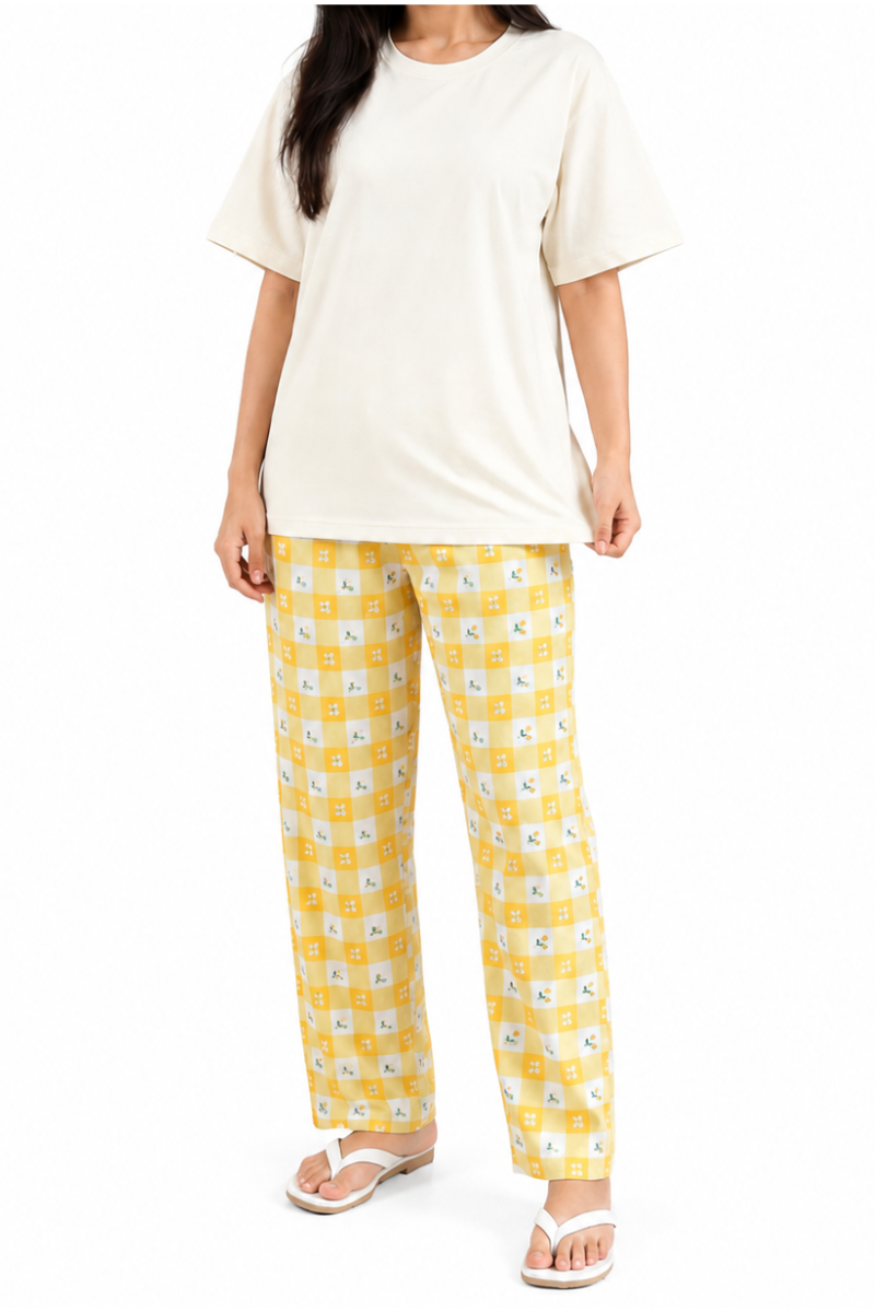 Women’s Yellow Checkered Pajama Set – Soft T-Shirt & Stylish Cotton Night Suit