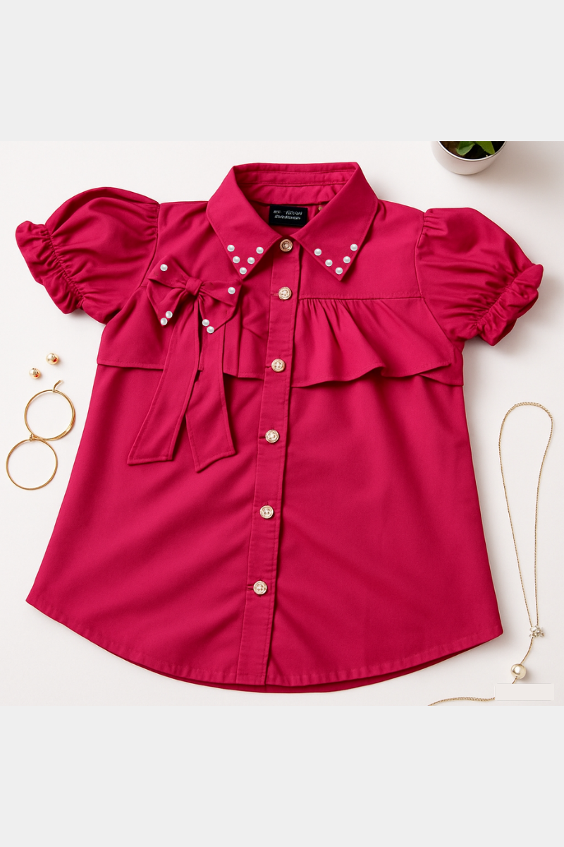 Girls' Puff Sleeve Button-Up Shirt with Pearl Accents – Hot Pink