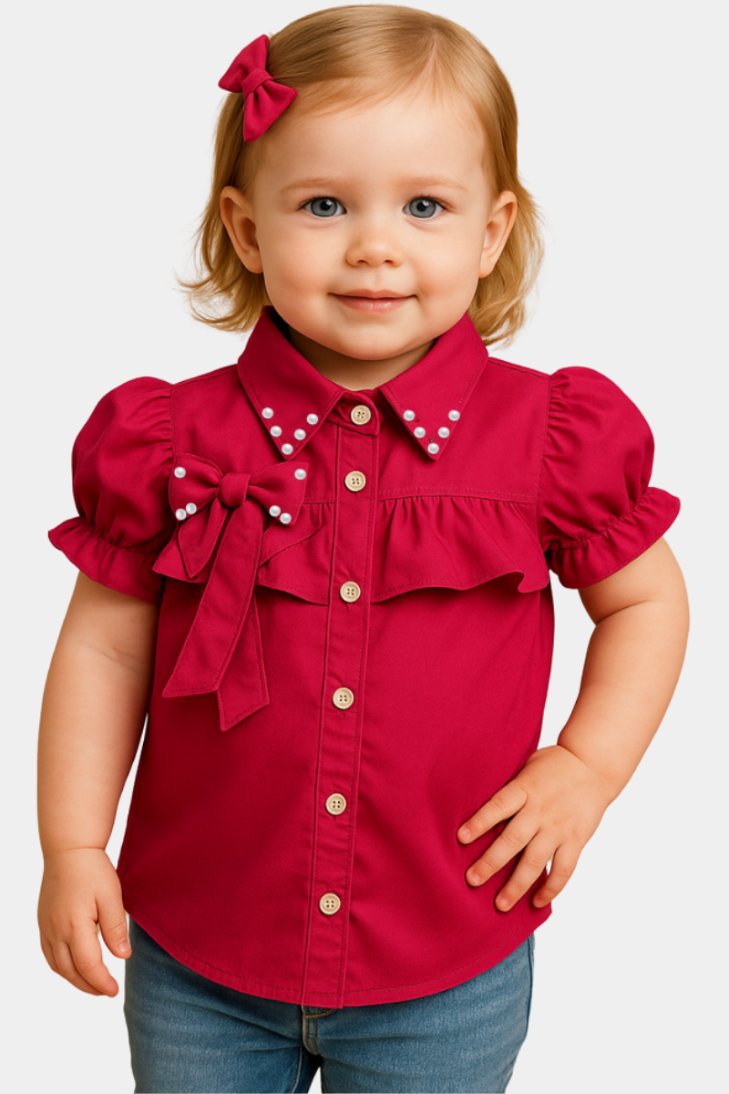 Girls' Puff Sleeve Button-Up Shirt with Pearl Accents – Hot Pink