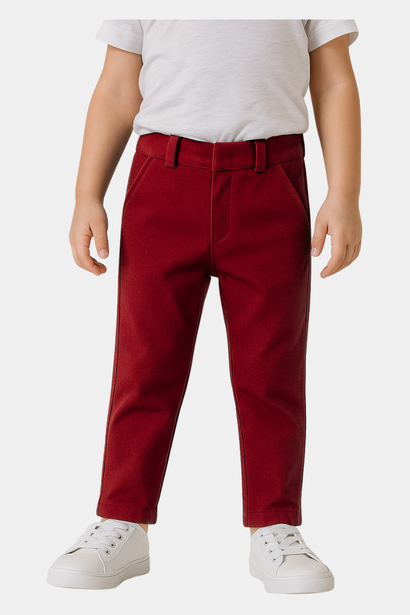 Boys' Red Flat-Front Trousers with Adjustable Waist